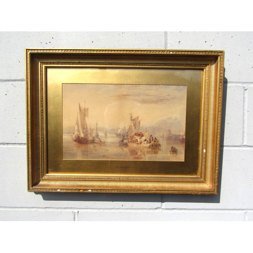 7133 - SAMUEL AUSTIN (1796-1834) A gilt framed and glazed watercolour, gathering of trading boats with figu... 