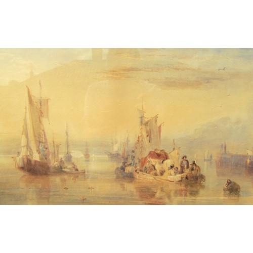 7133 - SAMUEL AUSTIN (1796-1834) A gilt framed and glazed watercolour, gathering of trading boats with figu... 