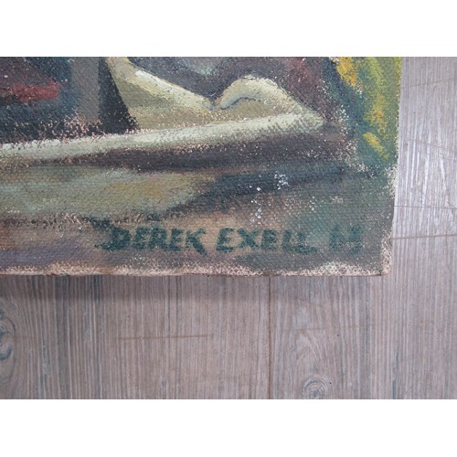 7020 - DEREK EXELL (XX) An unframed oil on canvas ‘Orchards and Rooftops, Beccles’. Signed bottom right. Da... 