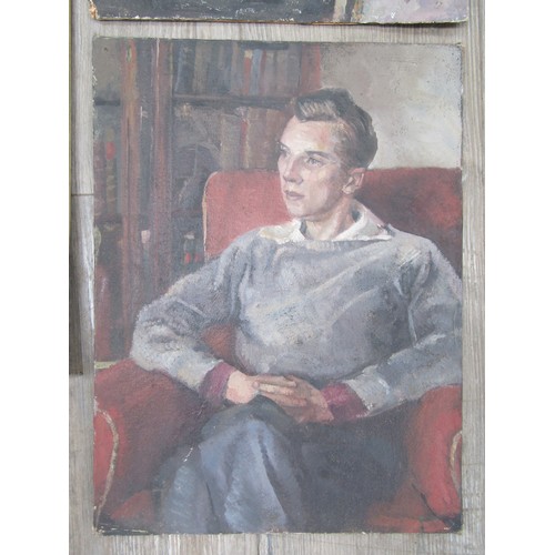 7026 - DEREK EXELL (XX) Two unframed oils on board of female portraits, both unsigned with another male por... 