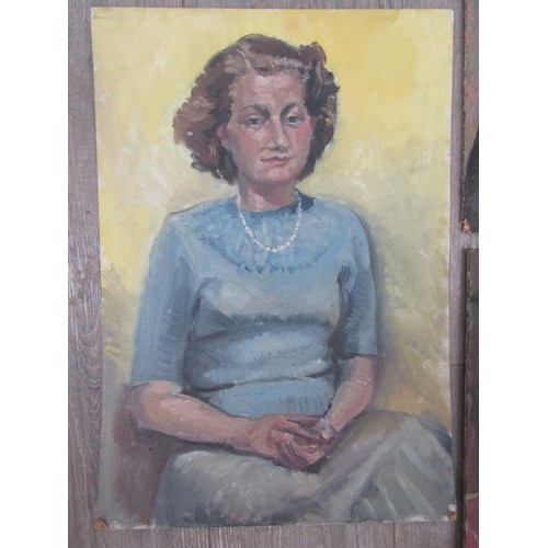 7026 - DEREK EXELL (XX) Two unframed oils on board of female portraits, both unsigned with another male por... 