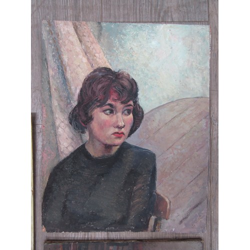 7026 - DEREK EXELL (XX) Two unframed oils on board of female portraits, both unsigned with another male por... 