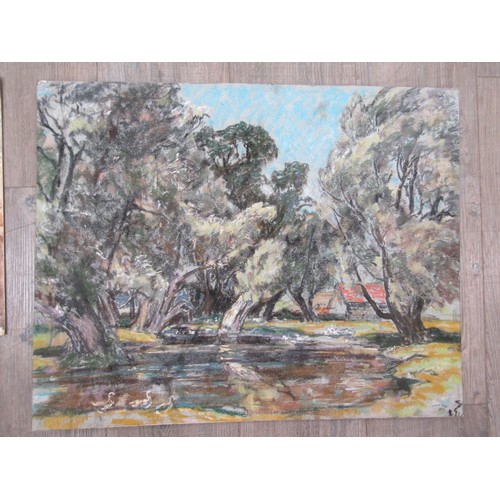 7028 - A collection of unframed oils on board, watercolours and pastel landscapes including Derek Exell and... 