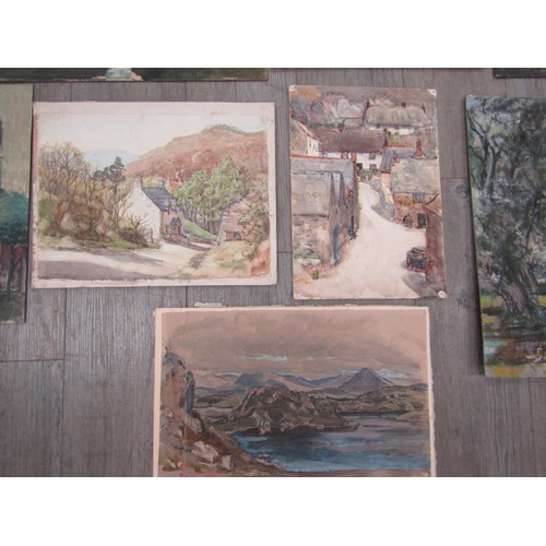 7028 - A collection of unframed oils on board, watercolours and pastel landscapes including Derek Exell and... 