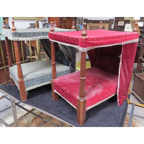 2125 - Two 20th Century handcrafted cat beds in the form of four poster beds, blue and red velour upholster... 