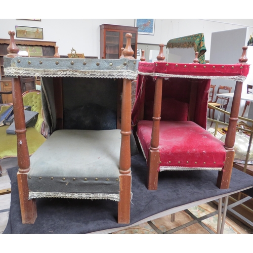 2125 - Two 20th Century handcrafted cat beds in the form of four poster beds, blue and red velour upholster... 