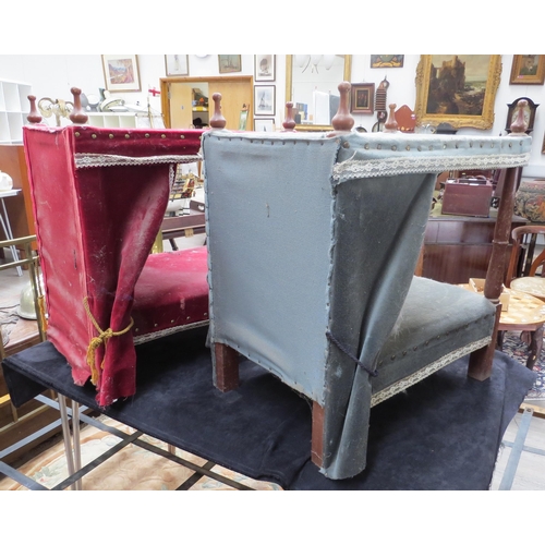 2125 - Two 20th Century handcrafted cat beds in the form of four poster beds, blue and red velour upholster... 