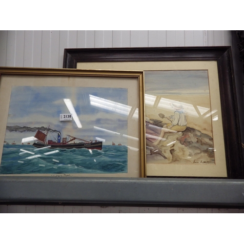 2138 - A watercolour of S.S Young Fred of Lowerstoft fishing trawler and a watercolour of two girls on the ... 