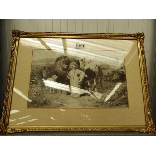 2140 - A Victorian gilt and gesso fern framed print of young girl with wild beasts after William Strutt   (... 