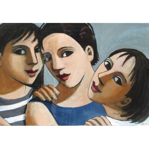 7034 - ANITA KLEIN (b.1960) (ARR) A framed and glazed acrylic on paper, 'Mother and Daughters'. Initialled ... 