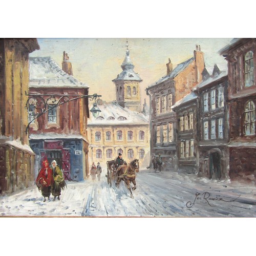 7058 - JAN RAWICZ (XIX/XX) An ornate gilt framed oil on canvas of a winter street scene in Warsaw. Signed b... 