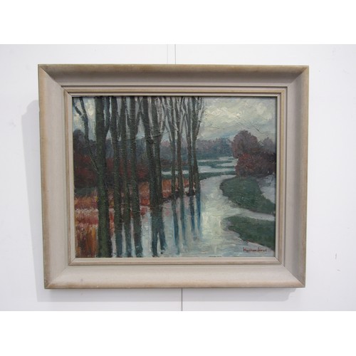 7066 - WYNDHAM LLOYD (1909-1997) A framed impasto oil on board of a winters flooded landscape. Signed botto... 