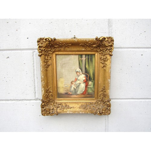 7126 - A 19th Century ornate gilt framed watercolour of a mother and her two children, unsigned, label vers... 