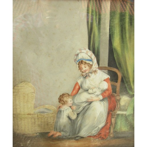 7126 - A 19th Century ornate gilt framed watercolour of a mother and her two children, unsigned, label vers... 