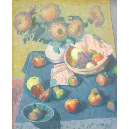 7054 - THOMAS STUART MILNER (1909-1969) (ARR) A large framed oil on canvas titled 'Fruit and Flowers'. Sign... 