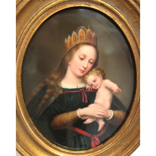 7128 - A gilt framed Berlin Porcelain oval plaque painted with a portrait of the Madonna and Child. Purchas... 