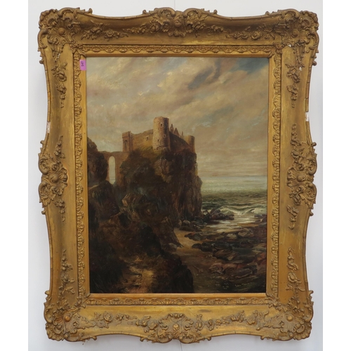 7131 - JOHN TEASDALE (1848-1926): View of Tantallon Castle on the cliffs, Scotland, oil on canvas dated 188... 