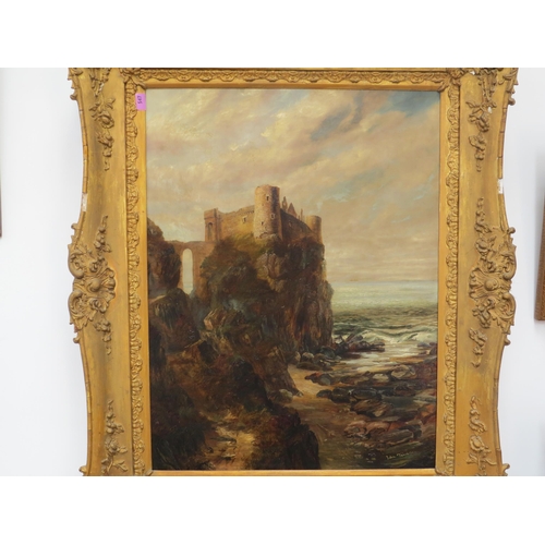 7131 - JOHN TEASDALE (1848-1926): View of Tantallon Castle on the cliffs, Scotland, oil on canvas dated 188... 