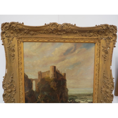 7131 - JOHN TEASDALE (1848-1926): View of Tantallon Castle on the cliffs, Scotland, oil on canvas dated 188... 