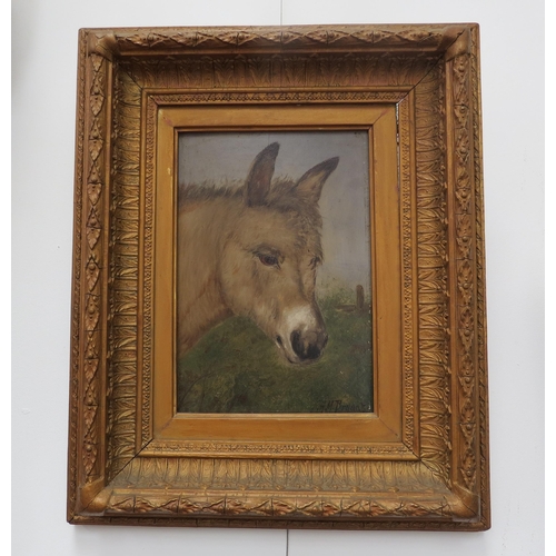 7135 - ALFRED MOGINIE BRYANT (XIX-XX): Portrait / side profile of a Donkey, oil on board, 27cm x 18.5cm in ... 