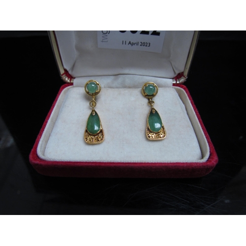 1303 - A pair of jadeite drop earrings with Oriental character marks, 3cm drop, stamped 14k, 4.9g  (E)  £25... 