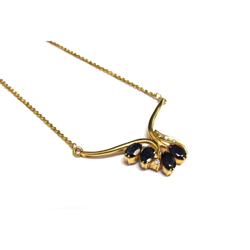 8057 - A gold neckchain having a scrolled bar set with four oval sapphires and four diamonds, stamped 750, ... 