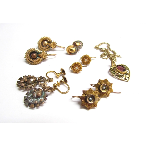 8085 - Five pairs of various earrings, one pair stamped 15ct made from cufflinks, another with diamond cent... 