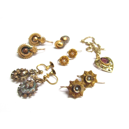 8085 - Five pairs of various earrings, one pair stamped 15ct made from cufflinks, another with diamond cent... 