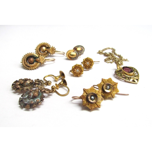 8085 - Five pairs of various earrings, one pair stamped 15ct made from cufflinks, another with diamond cent... 