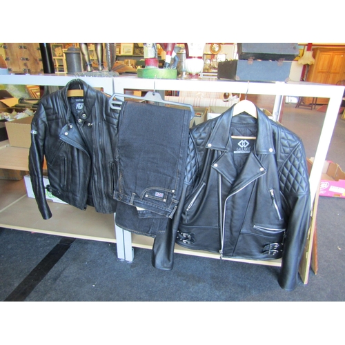 1194 - A Gallanto gents leather jacket, Ashman ladies leather jacket and a pair of Hood motorcycle jeans (3... 
