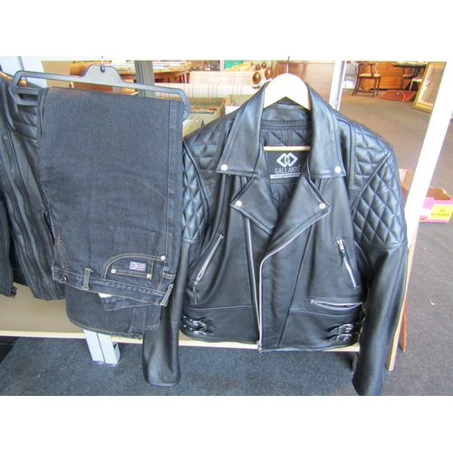 1194 - A Gallanto gents leather jacket, Ashman ladies leather jacket and a pair of Hood motorcycle jeans (3... 