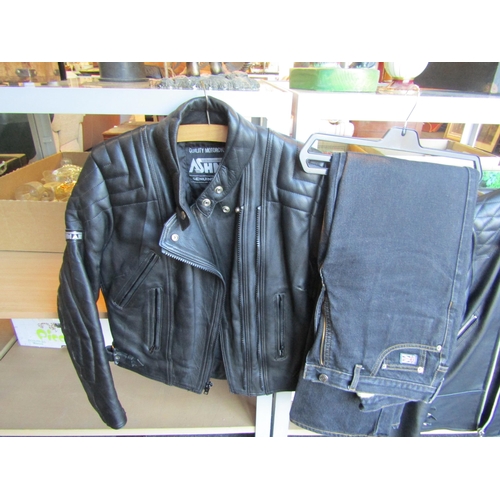 1194 - A Gallanto gents leather jacket, Ashman ladies leather jacket and a pair of Hood motorcycle jeans (3... 