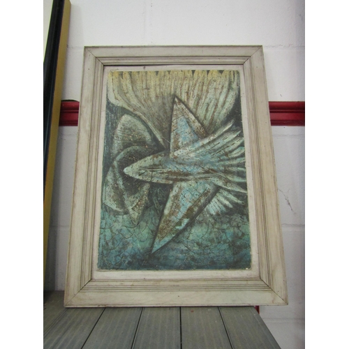 1217 - An abstract lino cut in blues and green, framed, 46cm x 31cm image size   (E)  £15-20
