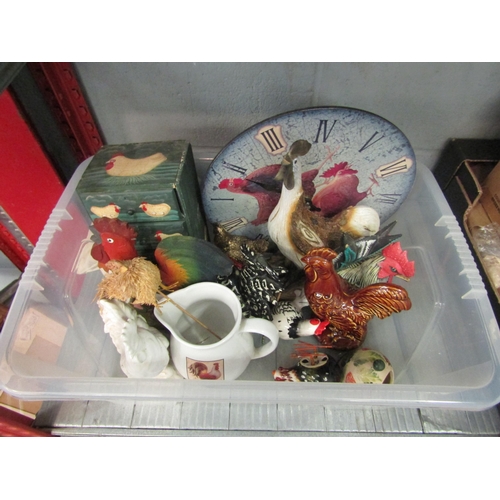 1231 - A box of ceramic and wooden chicken ornaments, chest of drawers and clock