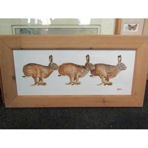 1237 - RYAN: Acrylic on board of running hares.  Signed lower right.  Framed.  19.5cm x 50cm image size.  A... 