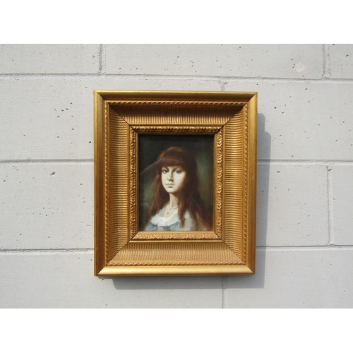 7597 - An unsigned oil on board portrait of a young woman with red hair, set in an ornate gilt frame and gl... 