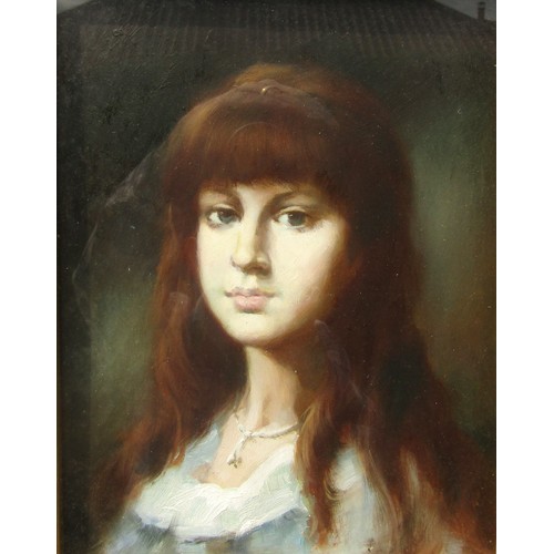 7597 - An unsigned oil on board portrait of a young woman with red hair, set in an ornate gilt frame and gl... 