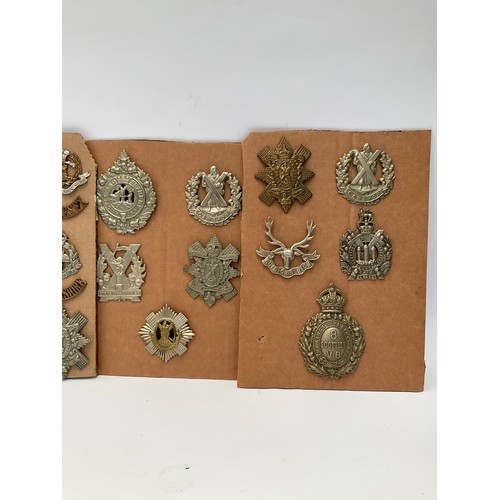 9108 - Four boards of British badges including shoulder titles, Scottish regimental cap badges etc