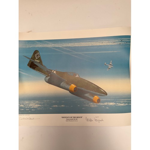 9109 - Three prints: Famous Fighters Messerschmidt 262 signed by Johannes Steinhoff and Mark Postlethwaite ... 