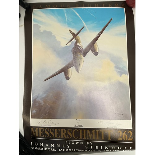 9109 - Three prints: Famous Fighters Messerschmidt 262 signed by Johannes Steinhoff and Mark Postlethwaite ... 