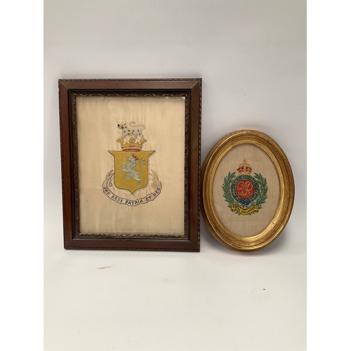 9114 - A George VI Royal Engineers embroidery together with a silk coat of arms embroidery, both framed and... 