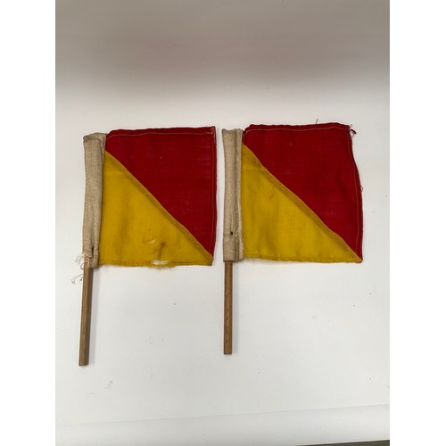 9119 - A 1949 dated Henry Potter copper and brass bugle, a pair of signalling flags, a pair of goggles and ... 