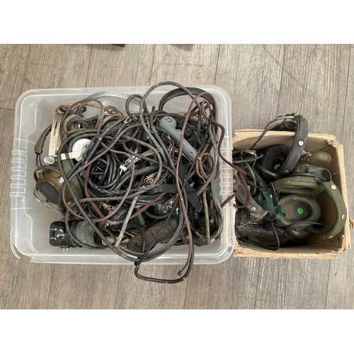 9054 - Two boxes of assorted headsets, microphones and wireless equipment dating from WWII and later