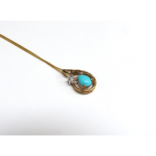 8064 - A 9ct gold chain, 44cm long hung with a turquoise and diamond pendant, 2g