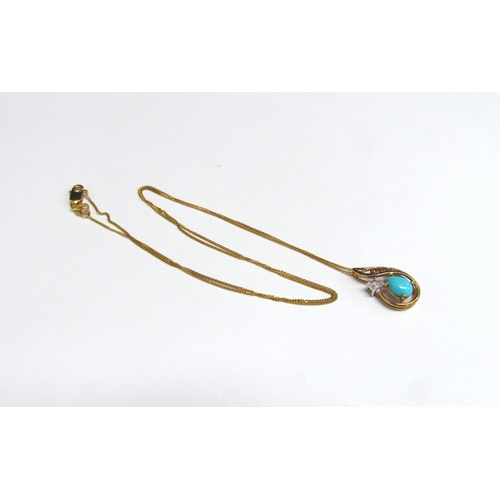 8064 - A 9ct gold chain, 44cm long hung with a turquoise and diamond pendant, 2g