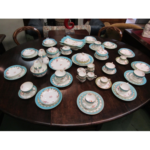 7535 - A quantity of Coalport tablewares circa 1845, turquoise bands with floral motifs and gilt enriched, ... 