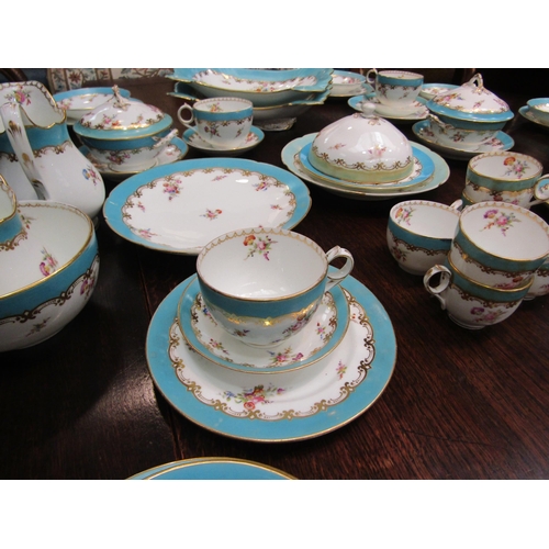 7535 - A quantity of Coalport tablewares circa 1845, turquoise bands with floral motifs and gilt enriched, ... 