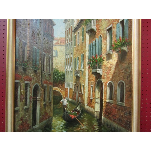 4027 - An oil on canvas of a Venetian canal scene with gondola. Signed and dated 2009 lower right. Details ... 