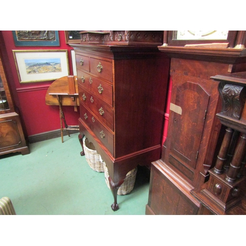 4122 - A circa 1760 mahogany chest on stand of two short over three graduating long drawers with oak lining... 