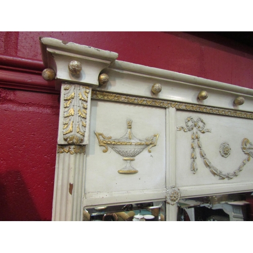 4124 - A Victorian shabby chic three panel overmantel mirror with bevelled glass and swag detail, damaged, ... 